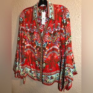 Alice & Olivia - Red & Bright Floral Silk Collared Bell Sleeve Blouse, New